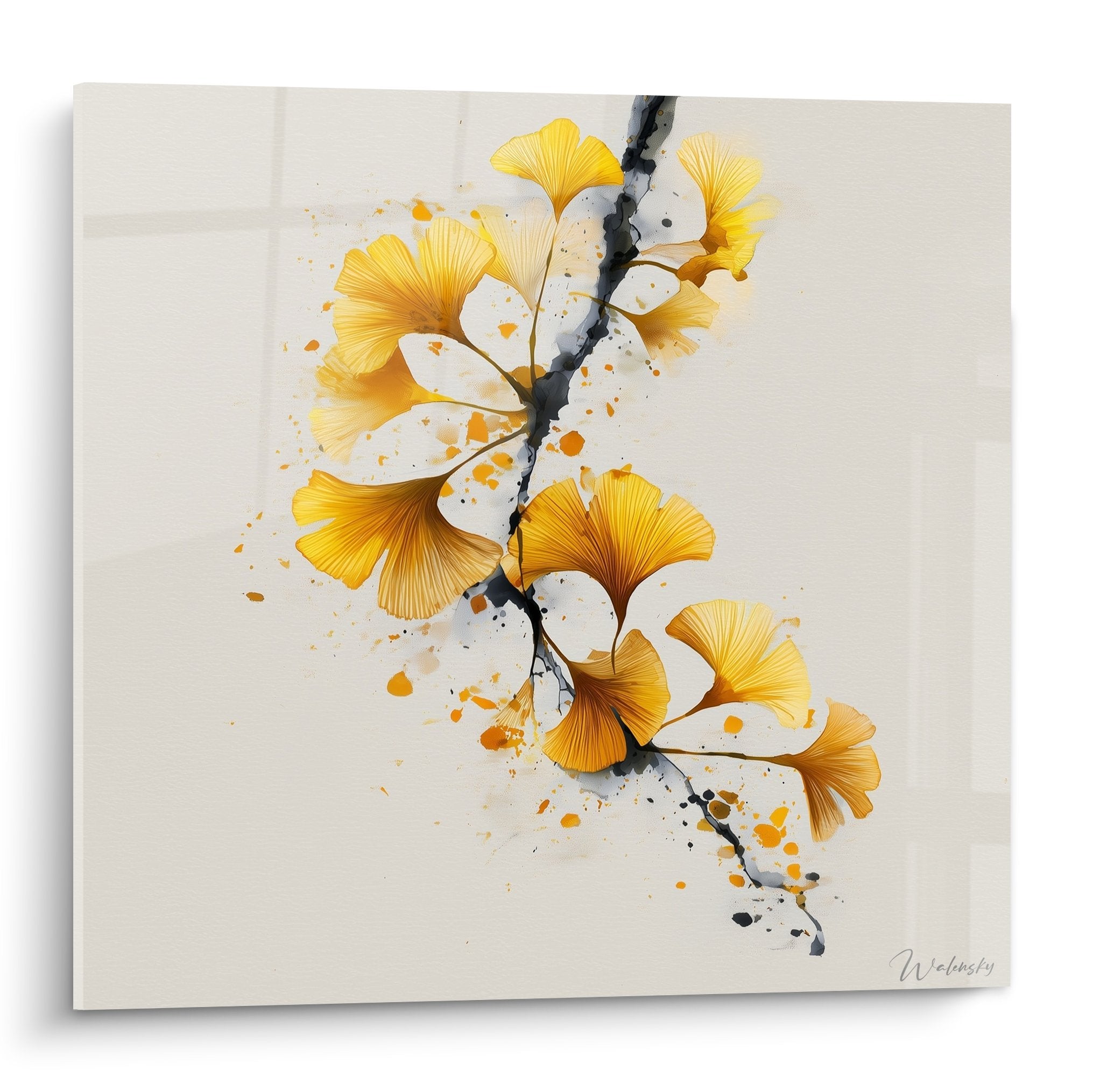 Modernes Gemälde mit goldenen Ginkgo-Blättern auf schwarzem Ast mit künstlerischen Spritzern auf weißem Hintergrund