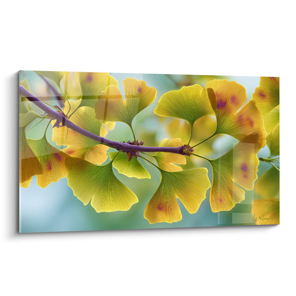 Schilderij gouden ginkgo bladeren op paarse tak met herfstkleuren - Natuurlijke Vergulding - Editie Ginkgo