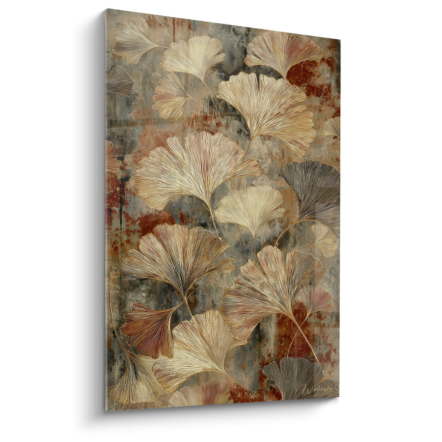Tableau feuilles dorées sur fond patiné rouille et gris - Éclat d'Automne - Edition Ginkgo