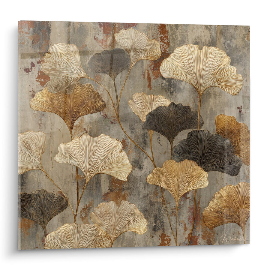 Ginkgo-Blätter-Gemälde in Gold und Grau auf strukturiertem patiniertem Hintergrund - Vegetale Harmonie - Ginkgo Edition