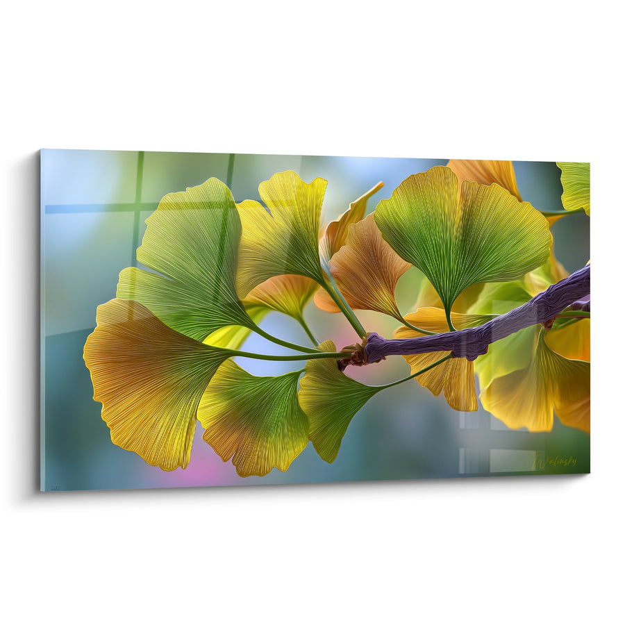 Tableau feuilles de ginkgo dorées et vertes sur branche pourpre - Éclat d'automne - Edition Ginkgo