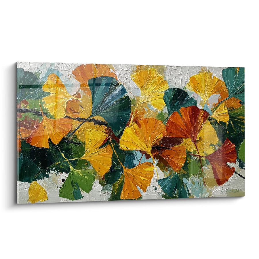 Tableau feuilles de Ginkgo dorées et vertes peinture épaisse - Éclat d'automne - Edition Ginkgo