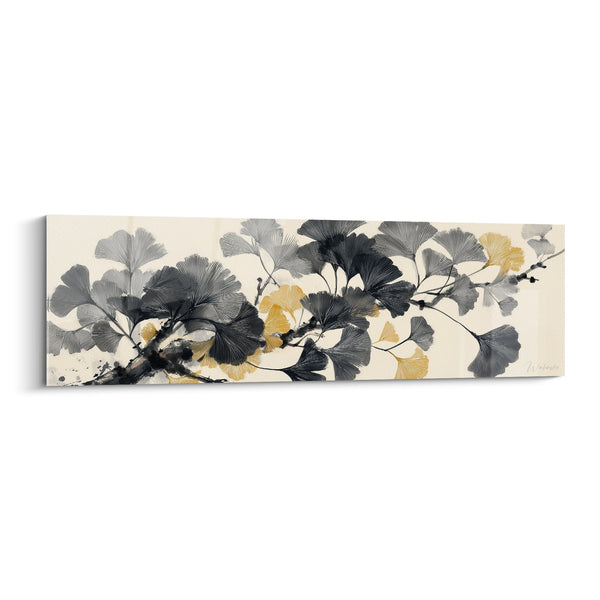 Cuadro Hojas de Ginkgo Grises y Doradas sobre Rama de Tinta - Elegancia Japonista - Edición Ginkgo