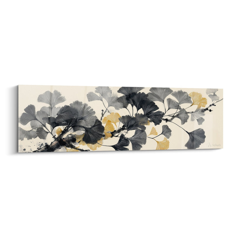 Quadro Foglie di Ginkgo Grigie e Dorate su Ramo d'Inchiostro - Eleganza Giapponese - Edizione Ginkgo