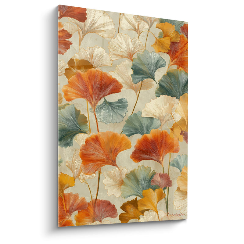 Quadro Foglie di Ginkgo Arancioni e Verdi su Fondo Beige - Armonia Autunnale - Edizione Ginkgo
