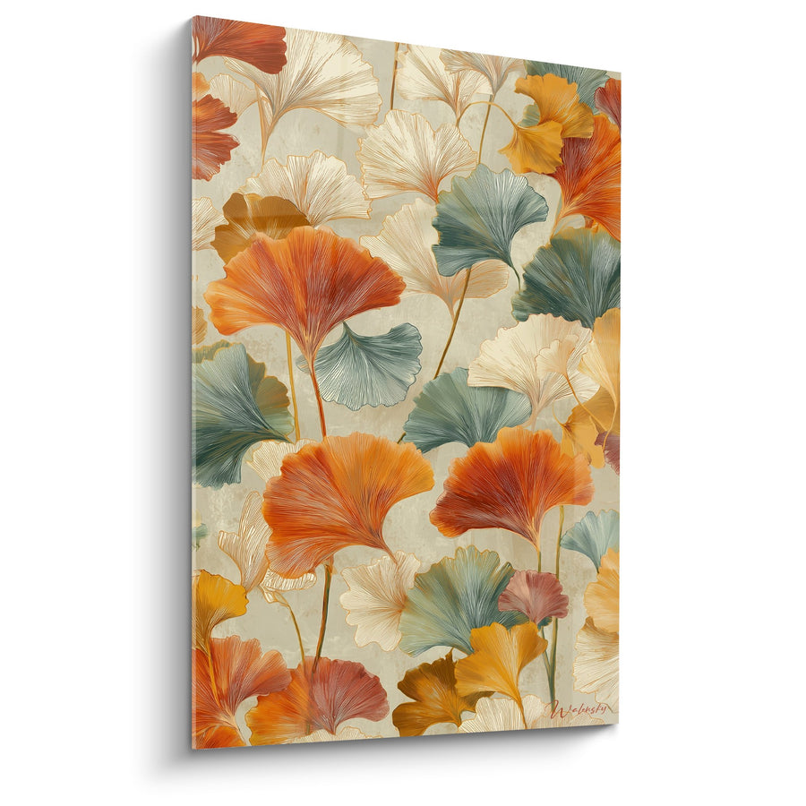 Tableau Feuilles de Ginkgo Oranges et Vertes sur Fond Beige - Harmonie Automnale - Edition Ginkgo