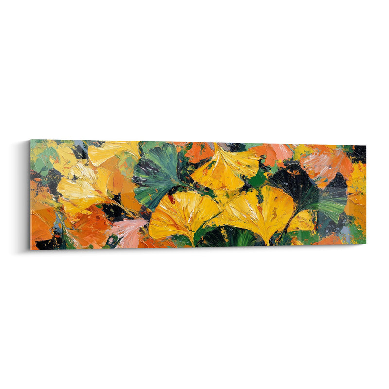 Quadro foglie di ginkgo con toni giallo arancio e verde smeraldo - Palette autunnale - Edizione Ginkgo