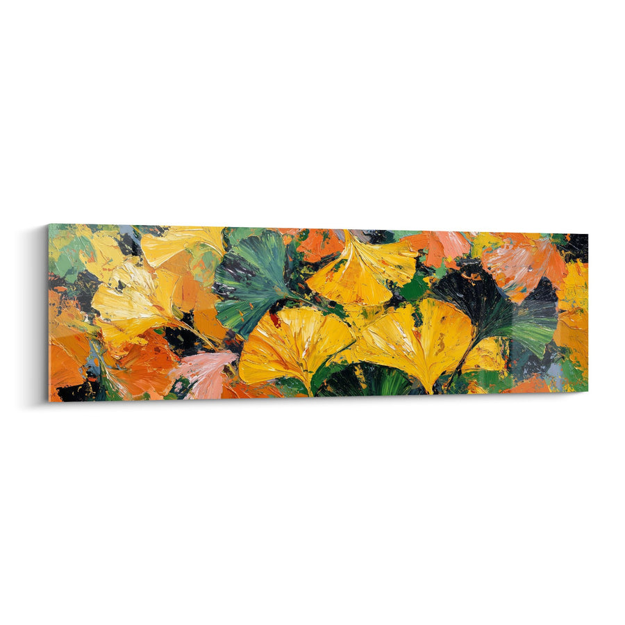 Tableau feuilles de ginkgo aux tons jaune orangé et vert émeraude - Palette automnale - Edition Ginkgo