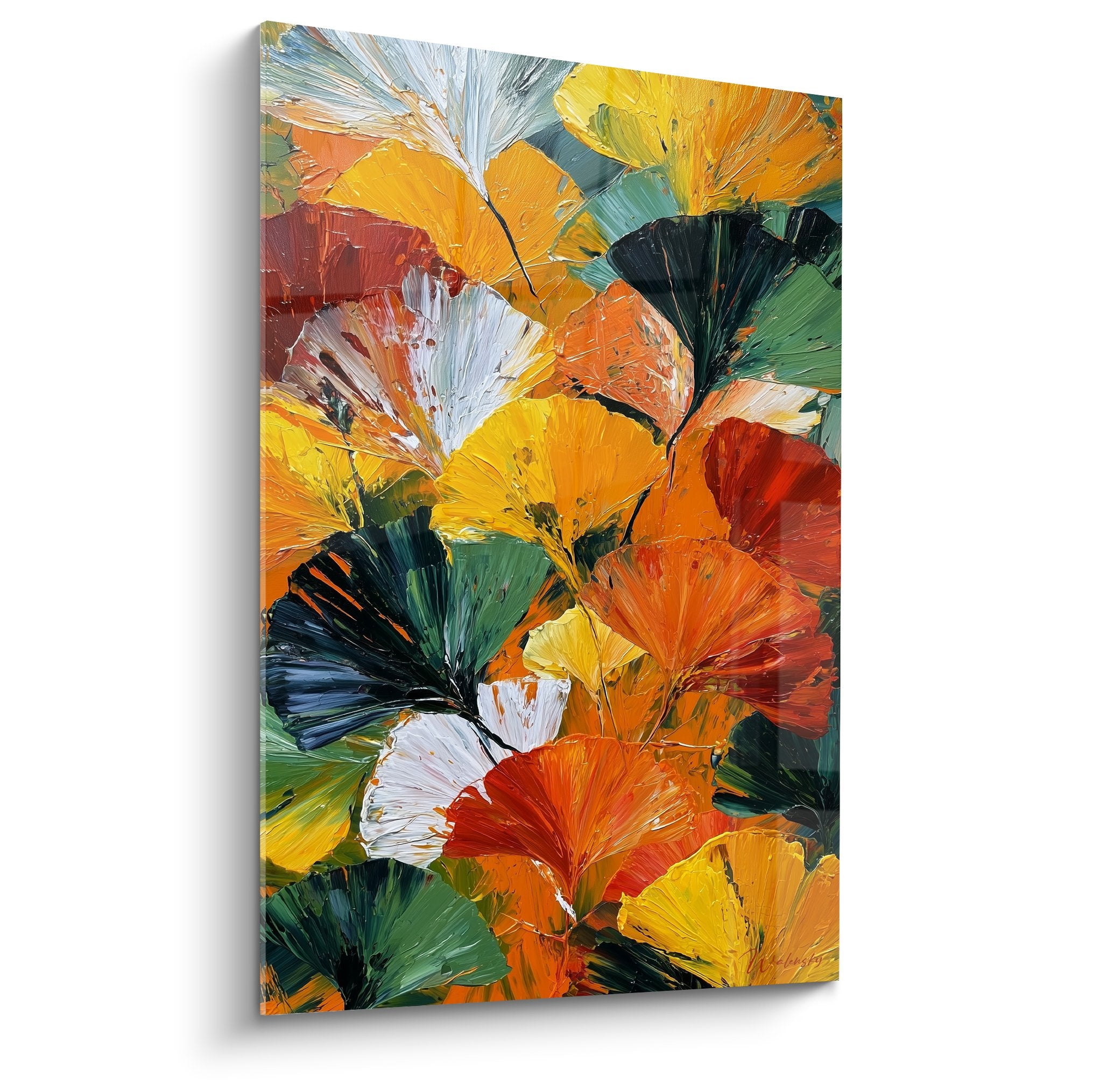 Modernes Gemälde mit mehrfarbigen Ginkgo-Blättern, Impasto-Technik, orange, gelb, grün, rot in wirbelndem Design