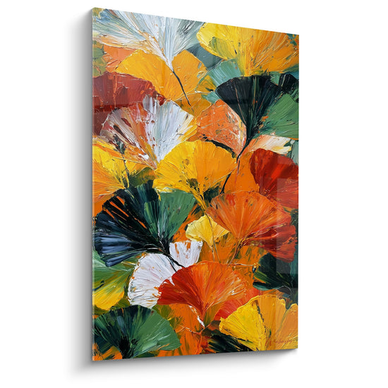 Tableau moderne feuilles ginkgo multicolores technique empâtée orange jaune vert rouge tourbillonnant