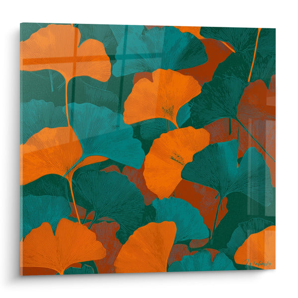 Oranje en turquoise ginkgobladeren in artistieke compositie - Herfstsymfonie - Ginkgo-editie