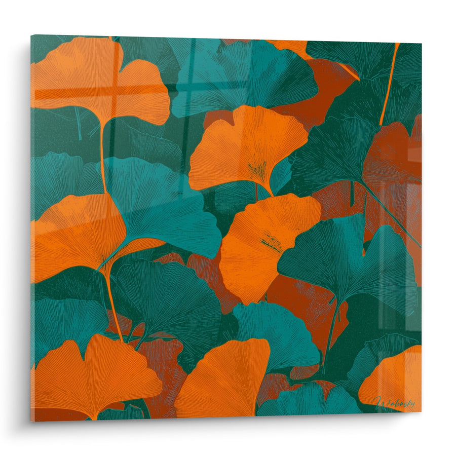 Tableau feuilles de ginkgo orange et turquoise en composition artistique - Symphonie automnale - Edition Ginkgo