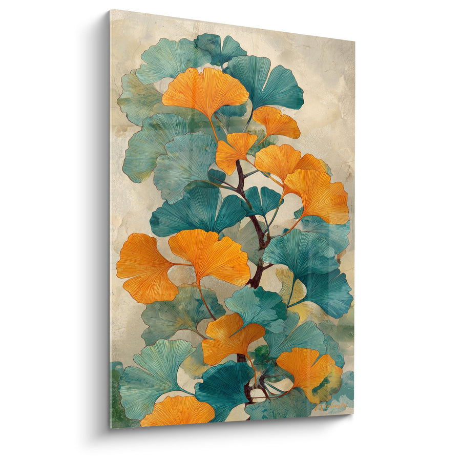 Tableau Feuilles de Ginkgo Orange et Turquoise sur Branche - Harmonie Automnale - Edition Ginkgo