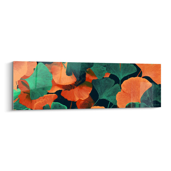 Schilderij Goudblad Orange en Turquoise in Panoramaformaat - Kleurrijke Veerzaagbladen - Editie Ginkgo