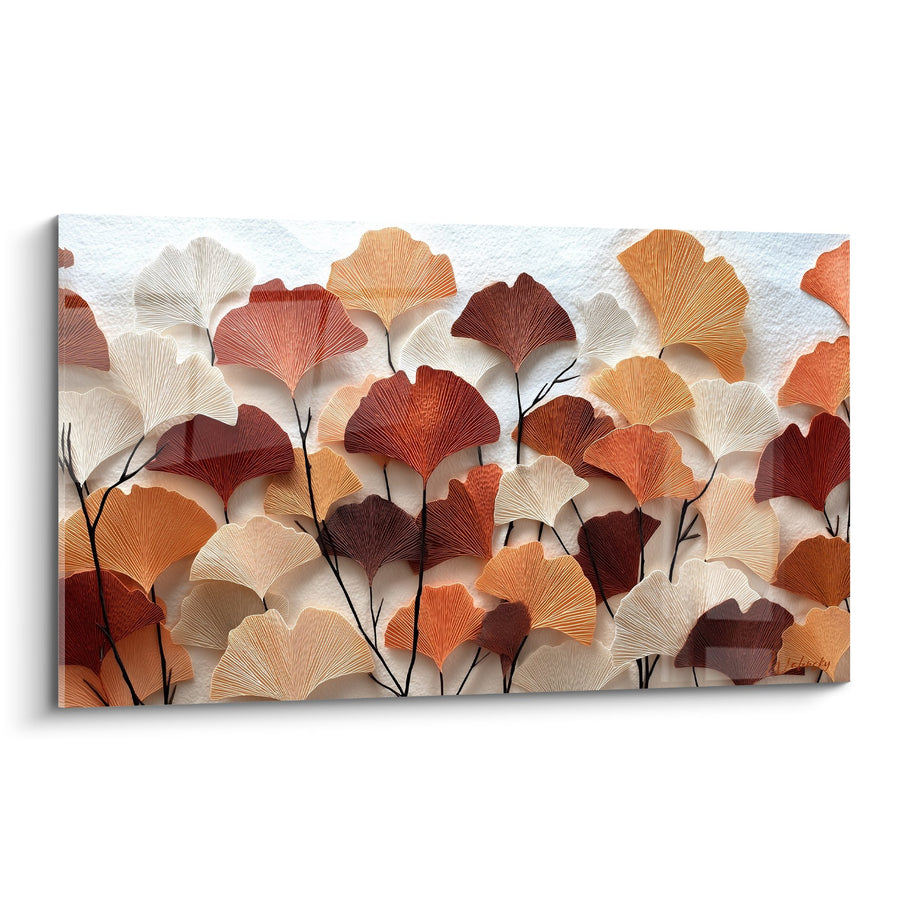 Tableau feuilles de ginkgo automnales en relief ocre rouge et beige - Symphonie d'Automne - Edition Ginkgo