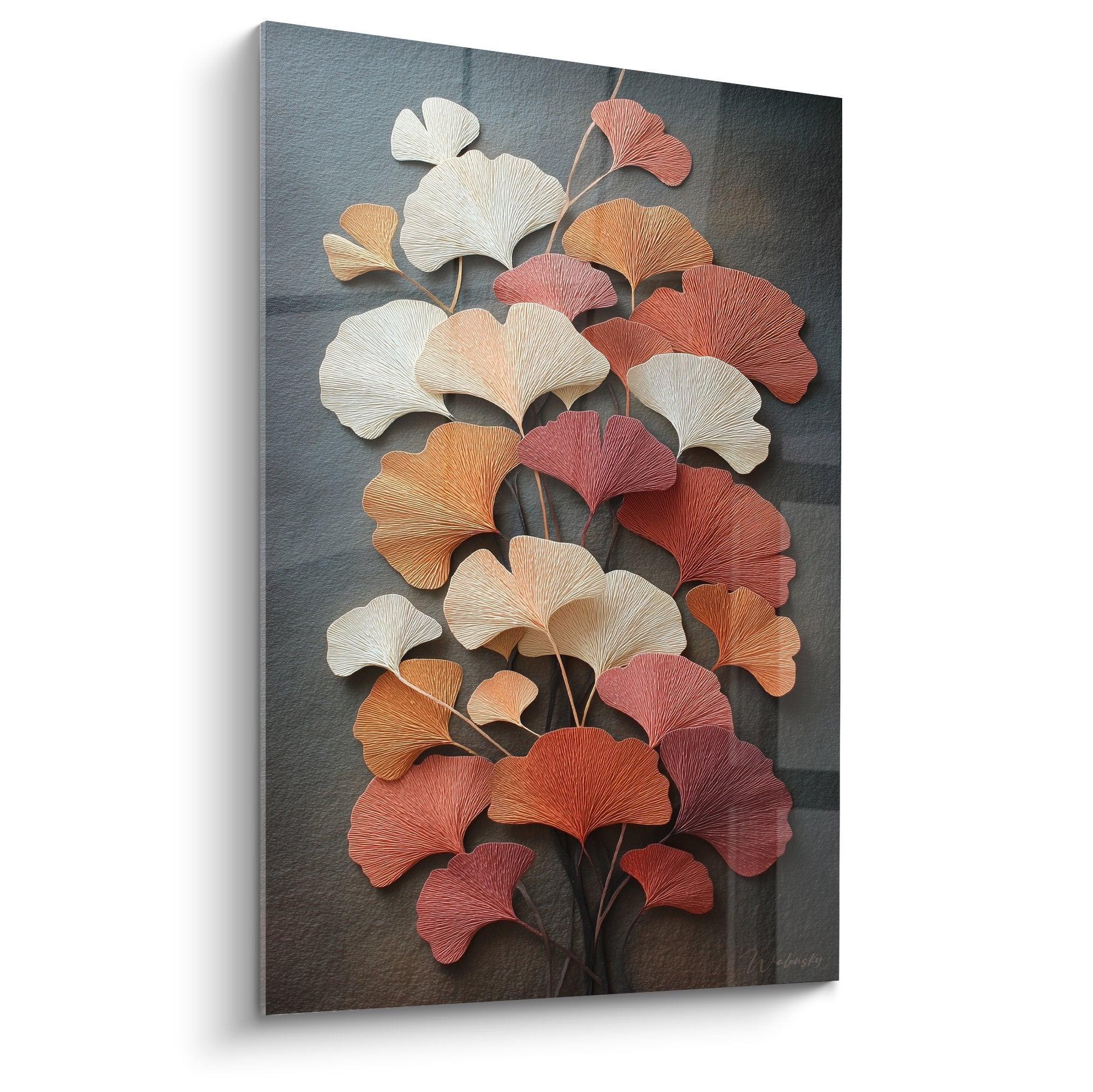 Relieftafel mit goldenen, roten und orangefarbenen Ginkgoblättern auf dunklem Hintergrund, herbstlicher Wasserfall, Wandskulptur