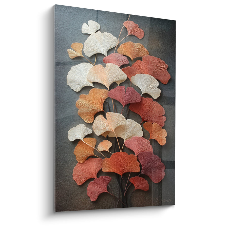 Tableau feuilles de Ginkgo dorées et rouges en relief sur fond sombre - Automne Doré - Edition Ginkgo