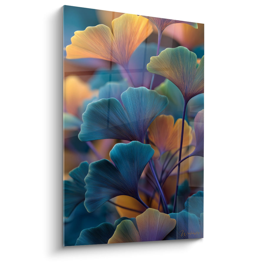 Tableau Feuilles de Ginkgo Multicolores aux Reflets Turquoise et Dorés - Harmonie Chromatique - Edition Ginkgo
