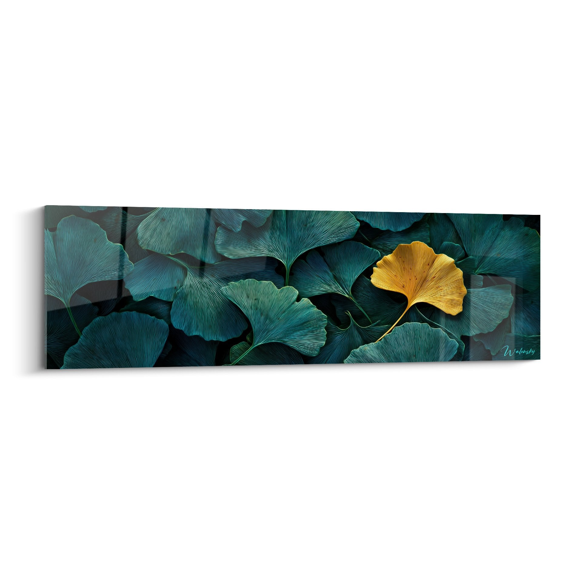 Tableau panoramique feuilles ginkgo turquoise avec accent dore decoration murale nature apaisante