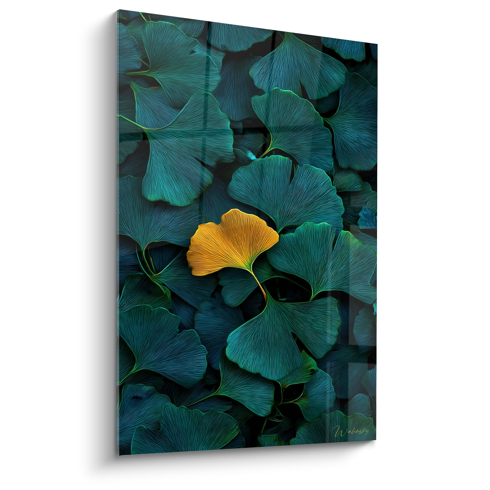 Modernes Gemälde mit türkisen und goldenen Ginkgo-Blättern, zeitgenössische botanische Kunst für Wanddekoration
