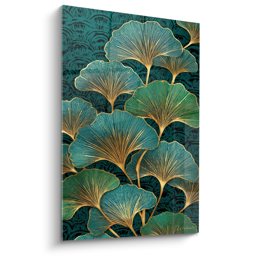 Tableau Feuilles de Ginkgo Turquoise et Or sur Fond Malachite - Jardin Doré - Edition Ginkgo