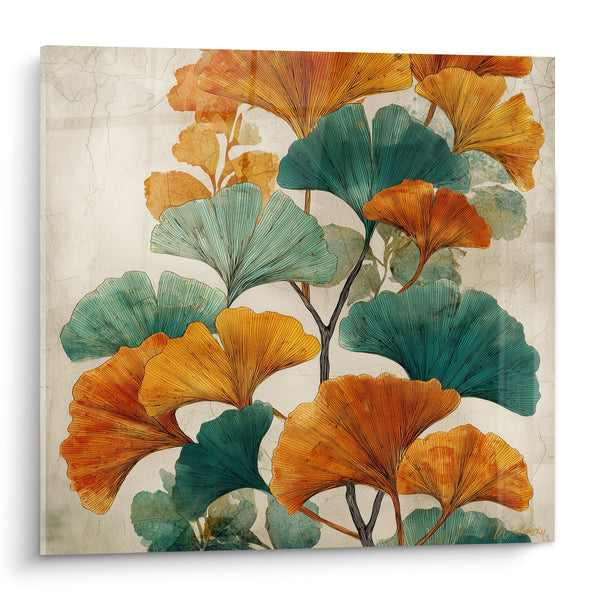 Schilderij smaragdgroene en koperoranje Ginkgoblaadjes op een vintage beige achtergrond - Herfstharmonie - Ginkgo-editie
