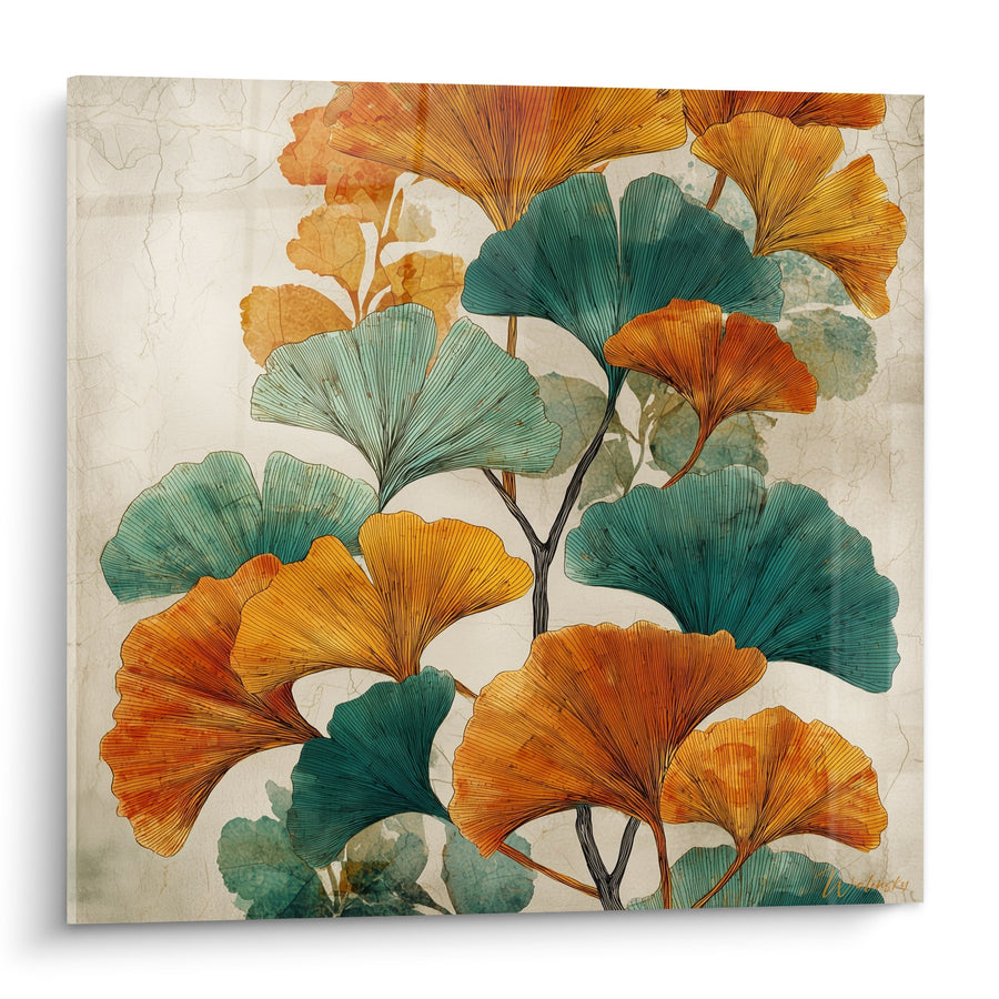 Ginkgo-Blätter Gemälde Smaragdgrün und Kupfer-Orange auf vintage-beigem Hintergrund - Herbstliche Harmonie - Edition Ginkgo