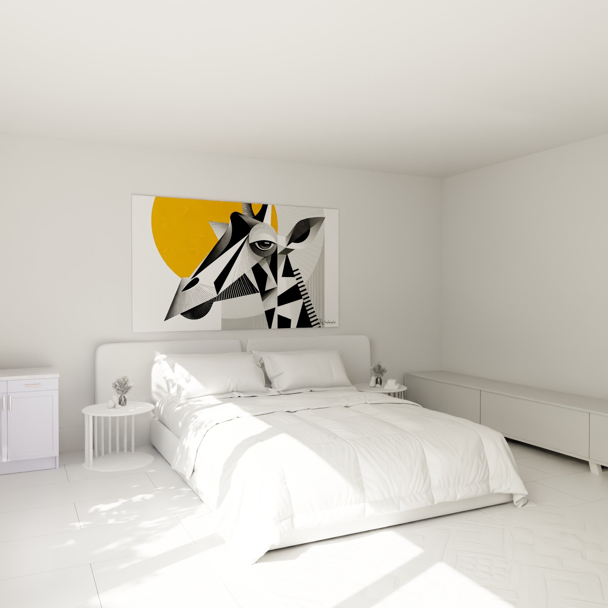 Portrait graphique de girafe orange et noir accroché au-dessus d'un lit dans une chambre claire