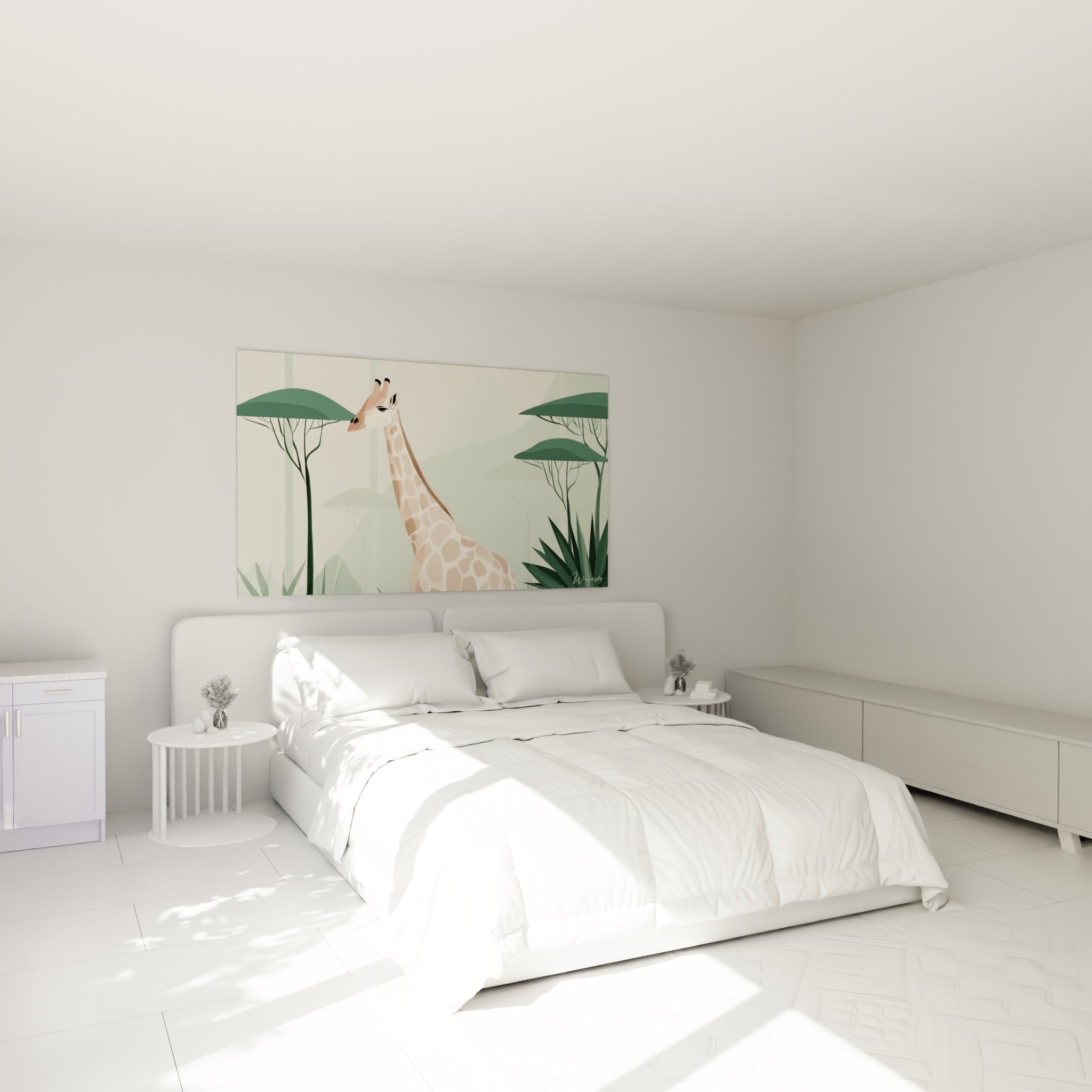 Silhouette de girafe beige et vert sauge accrochée au-dessus d'un lit dans une chambre claire