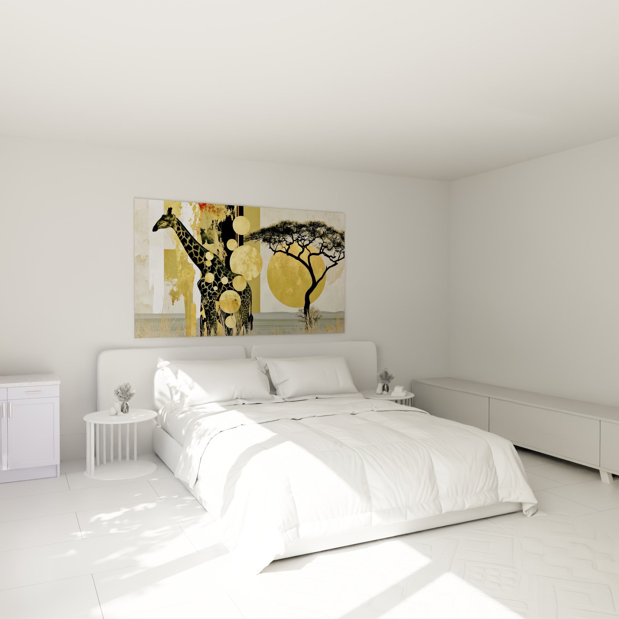 Silhouette de girafe dorée et verte face au soleil couchant, au-dessus d'un lit dans une chambre claire