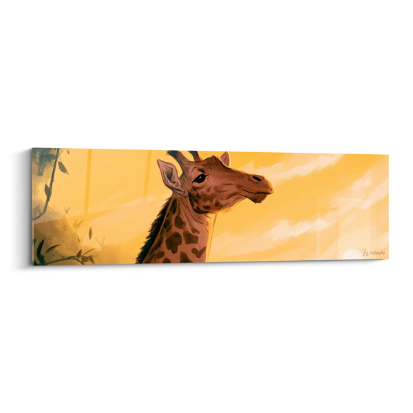 Tableau Girafe brune et jaune près d'un feuillage sombre - Rais de lumière dorée - Edition Girafe