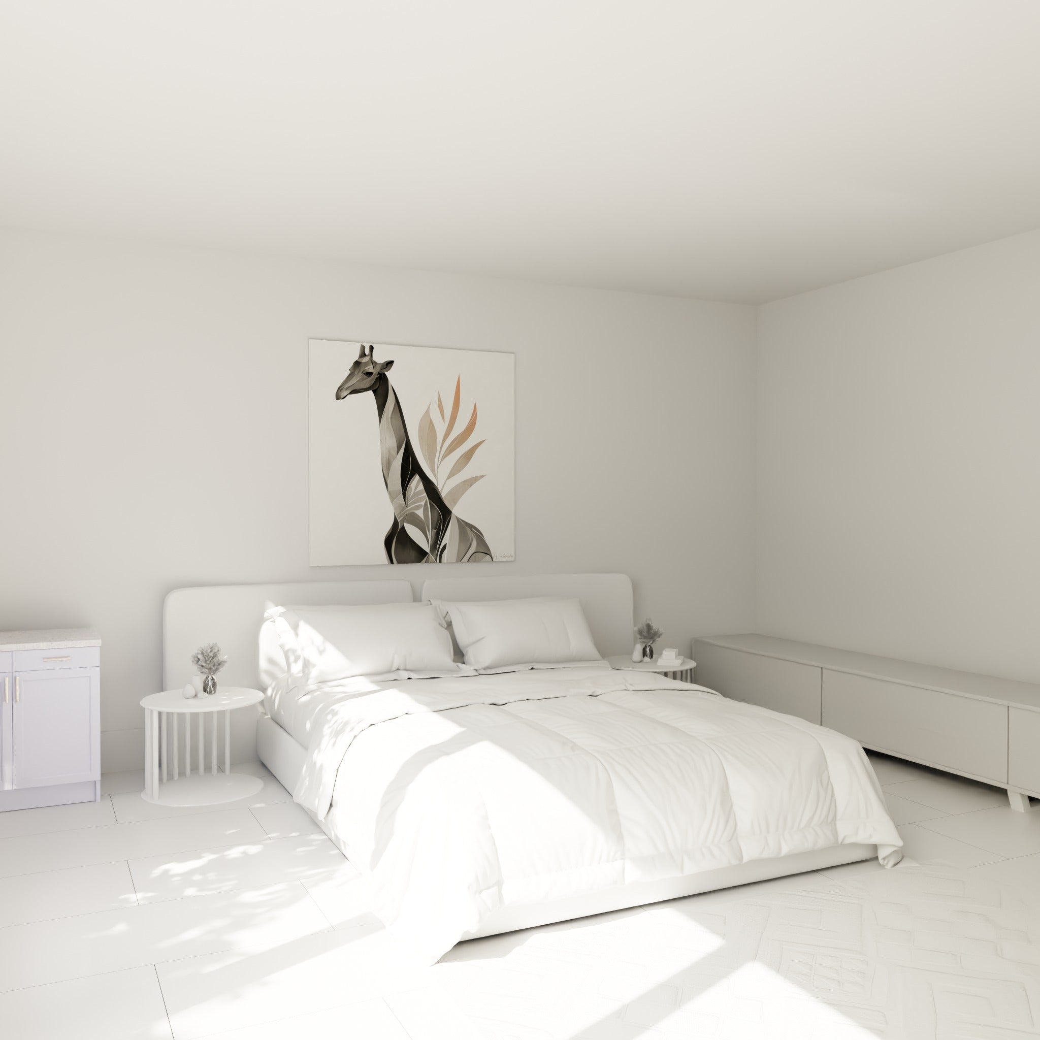Silhouette de girafe anthracite et terracotta au-dessus d'un lit dans une chambre claire