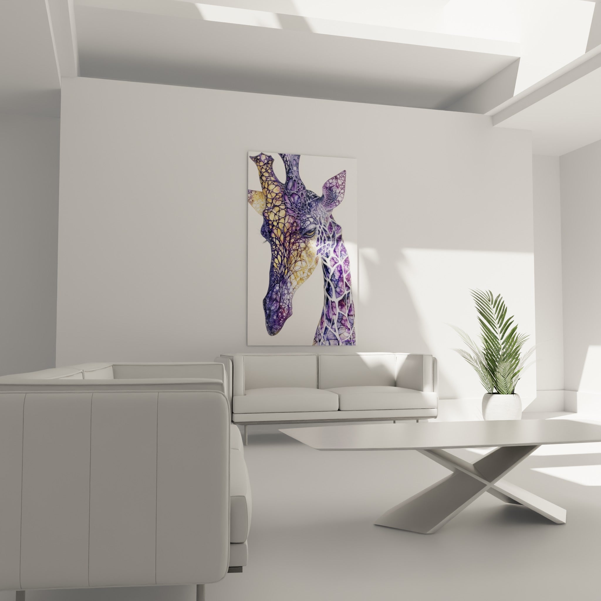 Portrait de girafe doré et anthracite au regard doux, suspendu au-dessus d'un canapé dans un salon lumineux