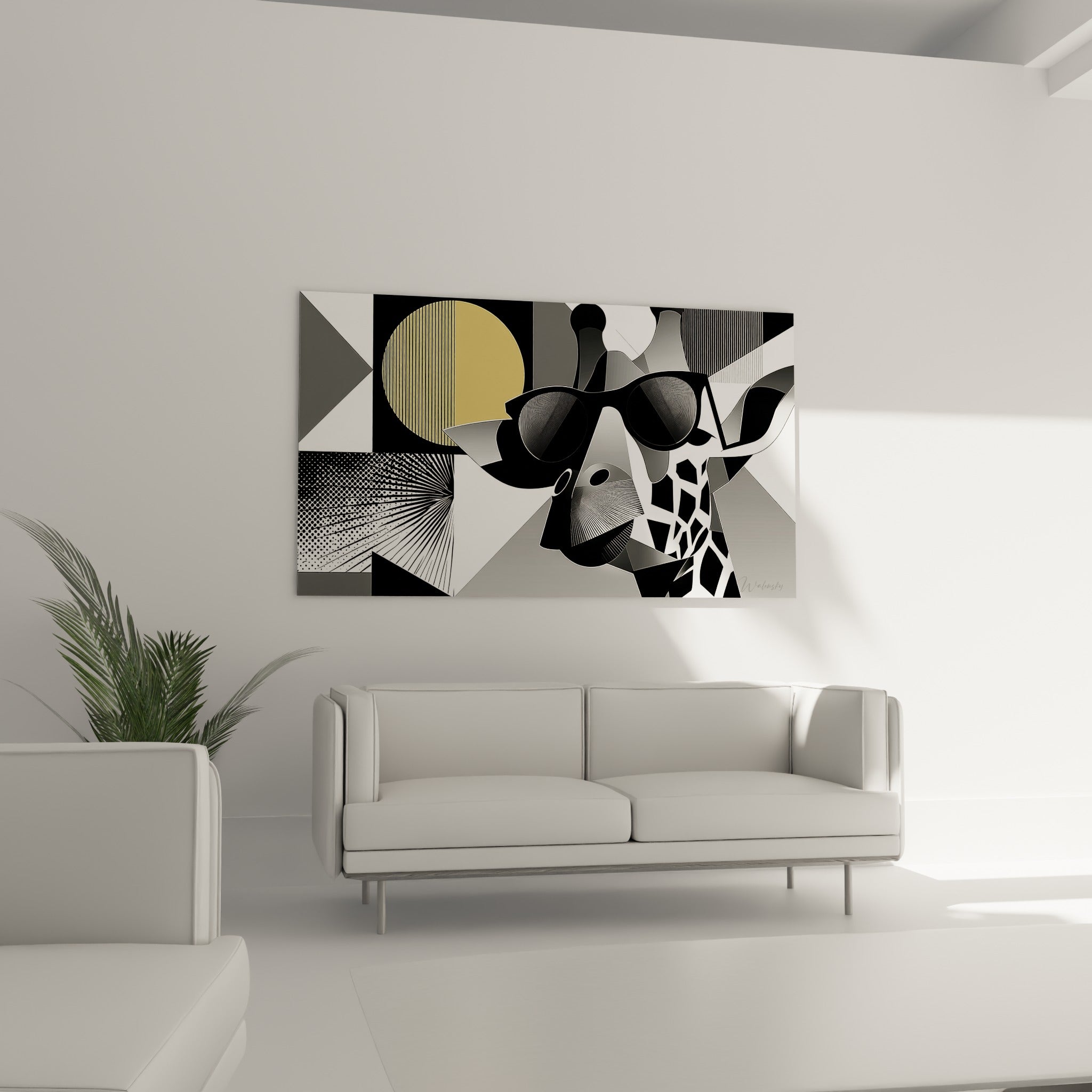 Silhouette anthracite de girafe à lunettes sur fond géométrique doré, au-dessus d'un canapé dans un salon lumineux