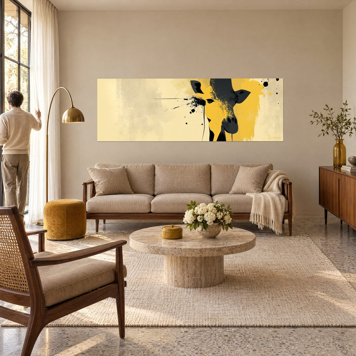 Wall art of a stylised giraffe in mustard yellow and charcoal black, ink splatters, viewed by a man, above a sofa in a bright living room