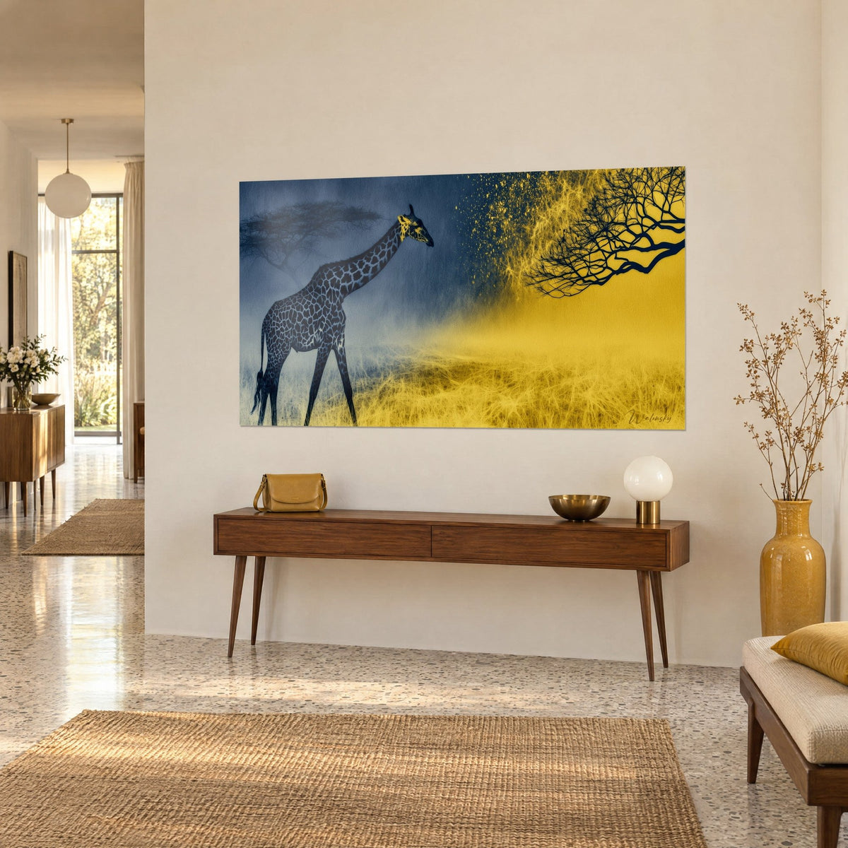 Wall art giraffe silhouette on a midnight blue background, black branches and golden dust in flight, on a console table, three-quarter view