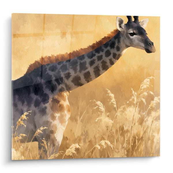 Tableau Girafe anthracite et ocre dans les hautes herbes - Silence de la savane - Edition Girafe