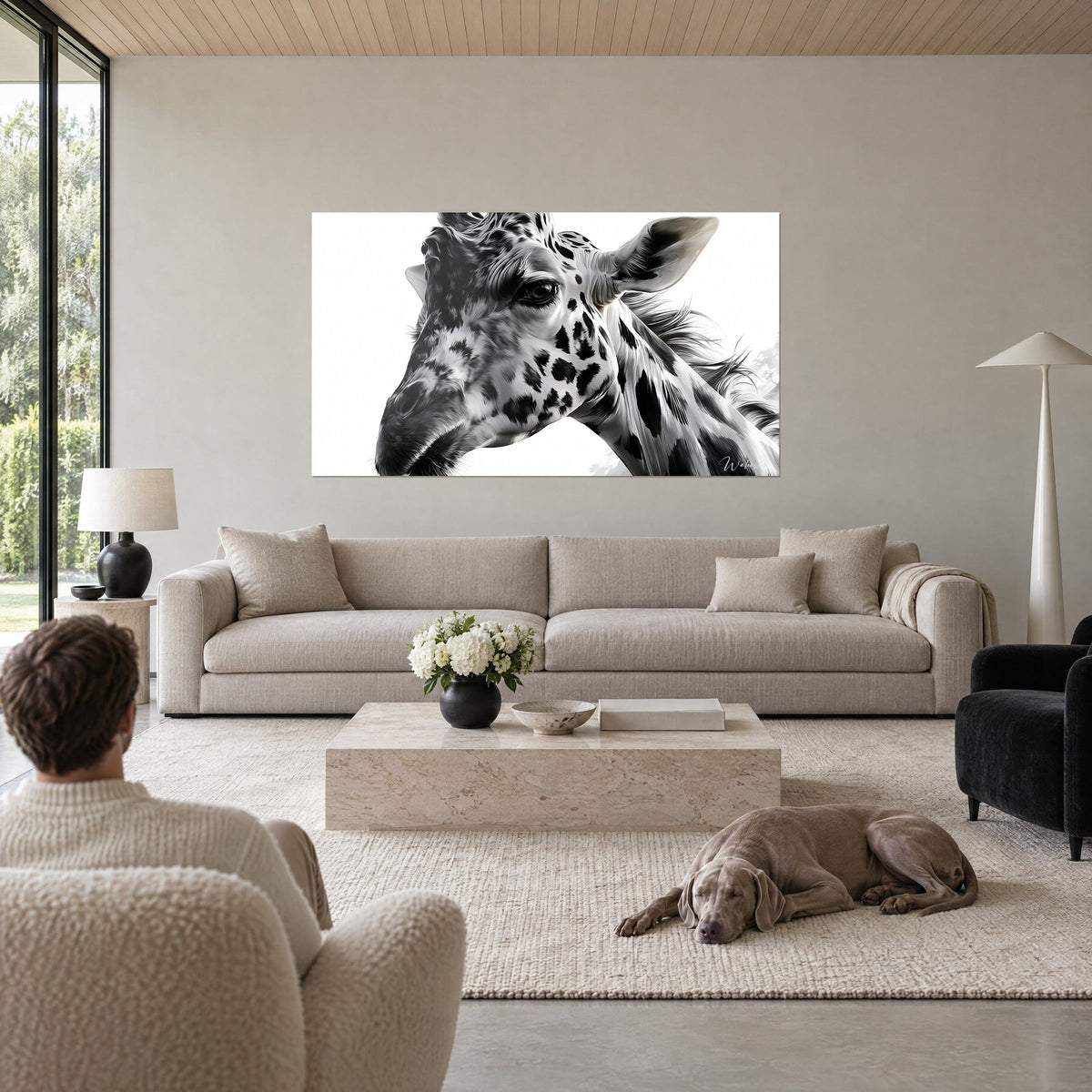 Quadro giraffa in bianco e nero, occhio scuro e macchie color carbone su manto chiaro, un uomo e un Weimaraner grigio sopra un divano in un soggiorno luminoso
