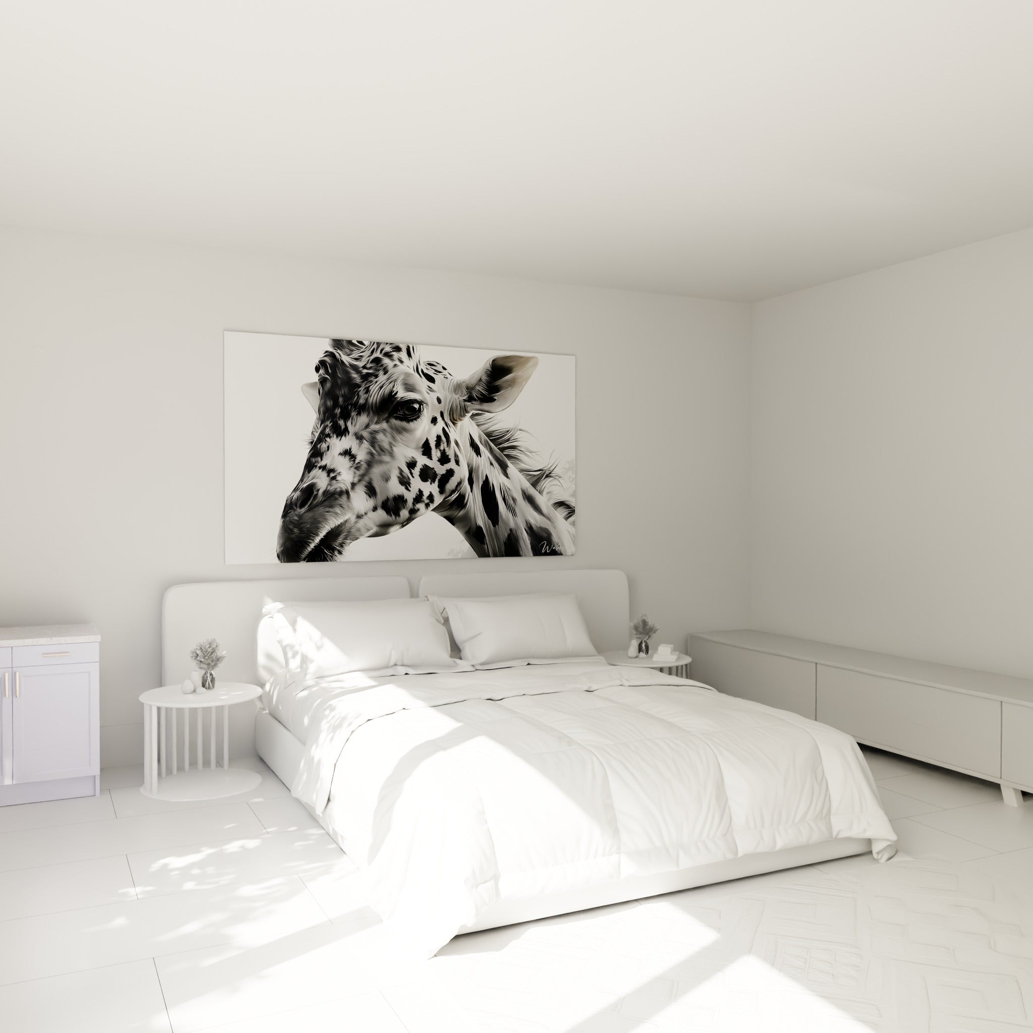 Portrait de girafe anthracite au style graphique, accroché au-dessus d'un lit dans une chambre claire