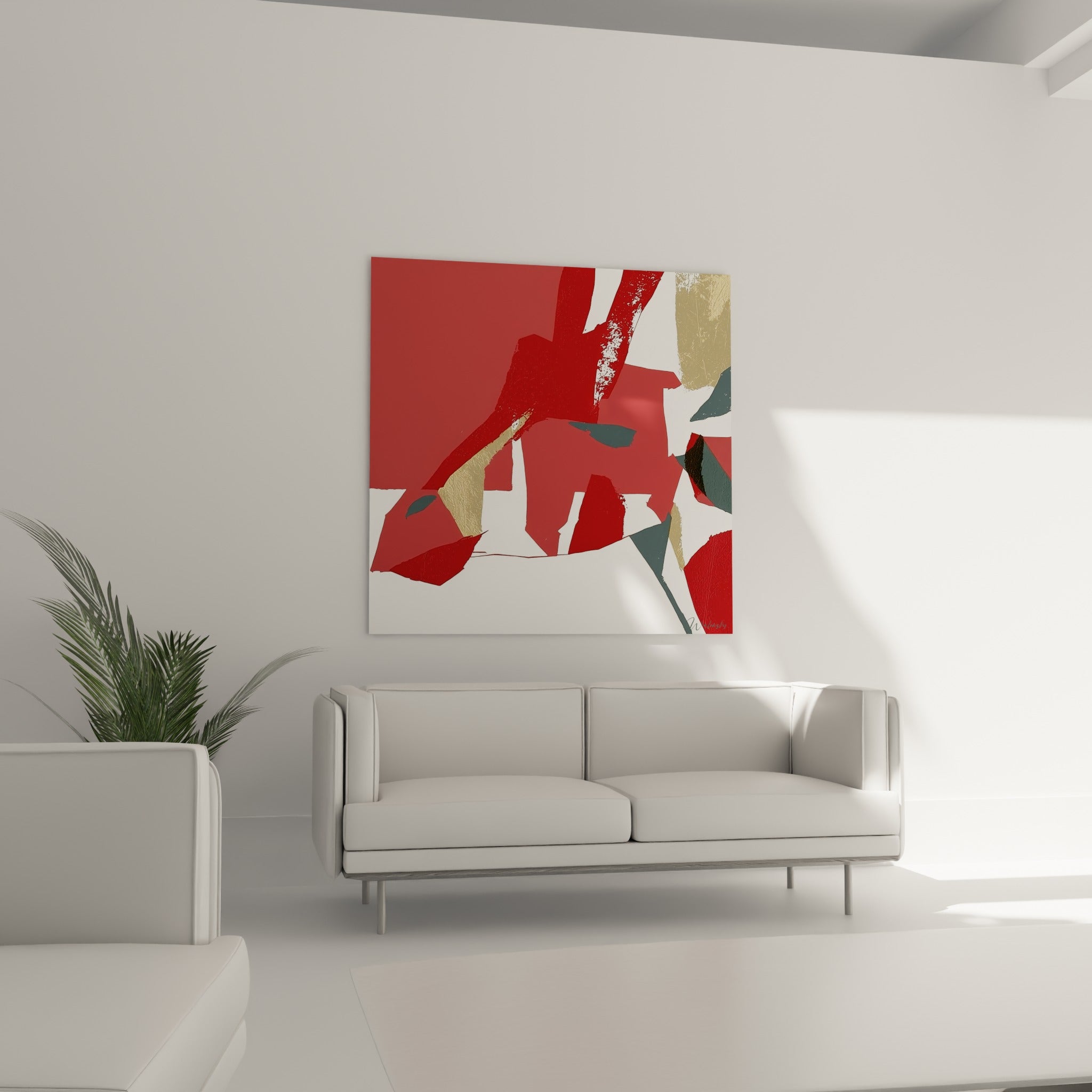 Composition girafe terracotta et anthracite au-dessus d'un canapé dans un salon lumineux