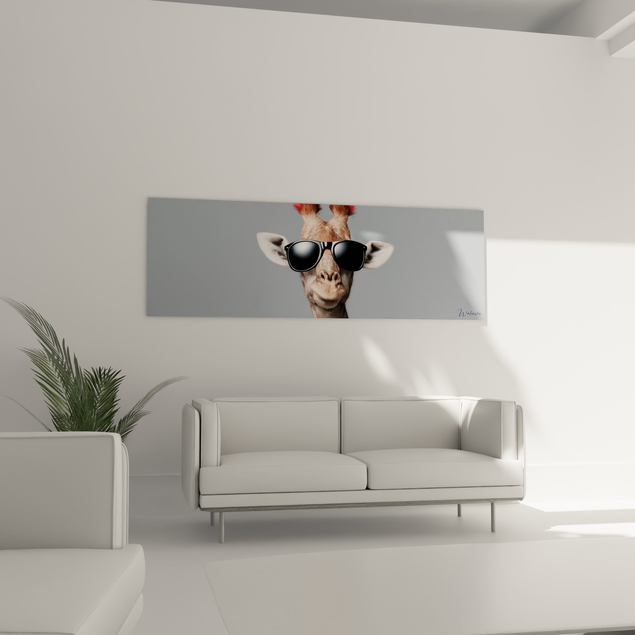 Portrait de girafe grise aux touches rousses et lunettes noires, au-dessus d'un canapé dans un salon lumineux