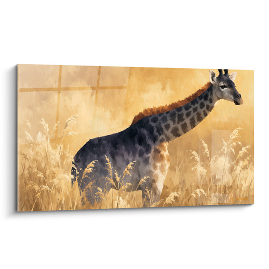 Girafe anthracite et dorée, cou étiré, dans des herbes fauves peintes à l'aquarelle sur fond ocre.