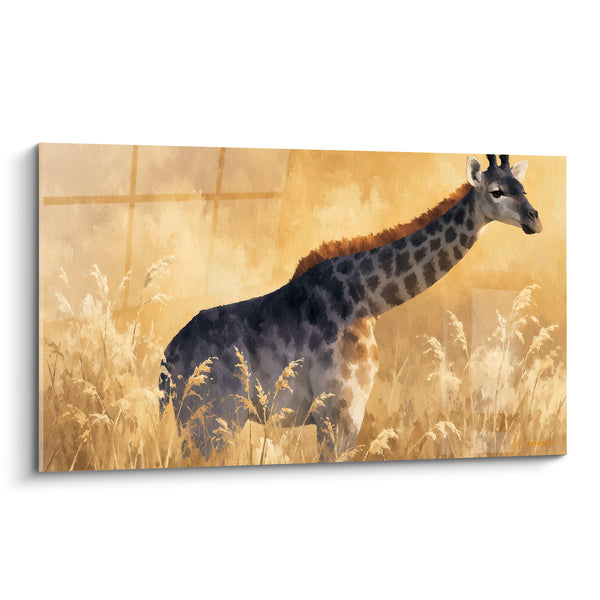Tableau Girafe anthracite dans les hautes herbes dorées - Veille dans la savane - Edition Girafe