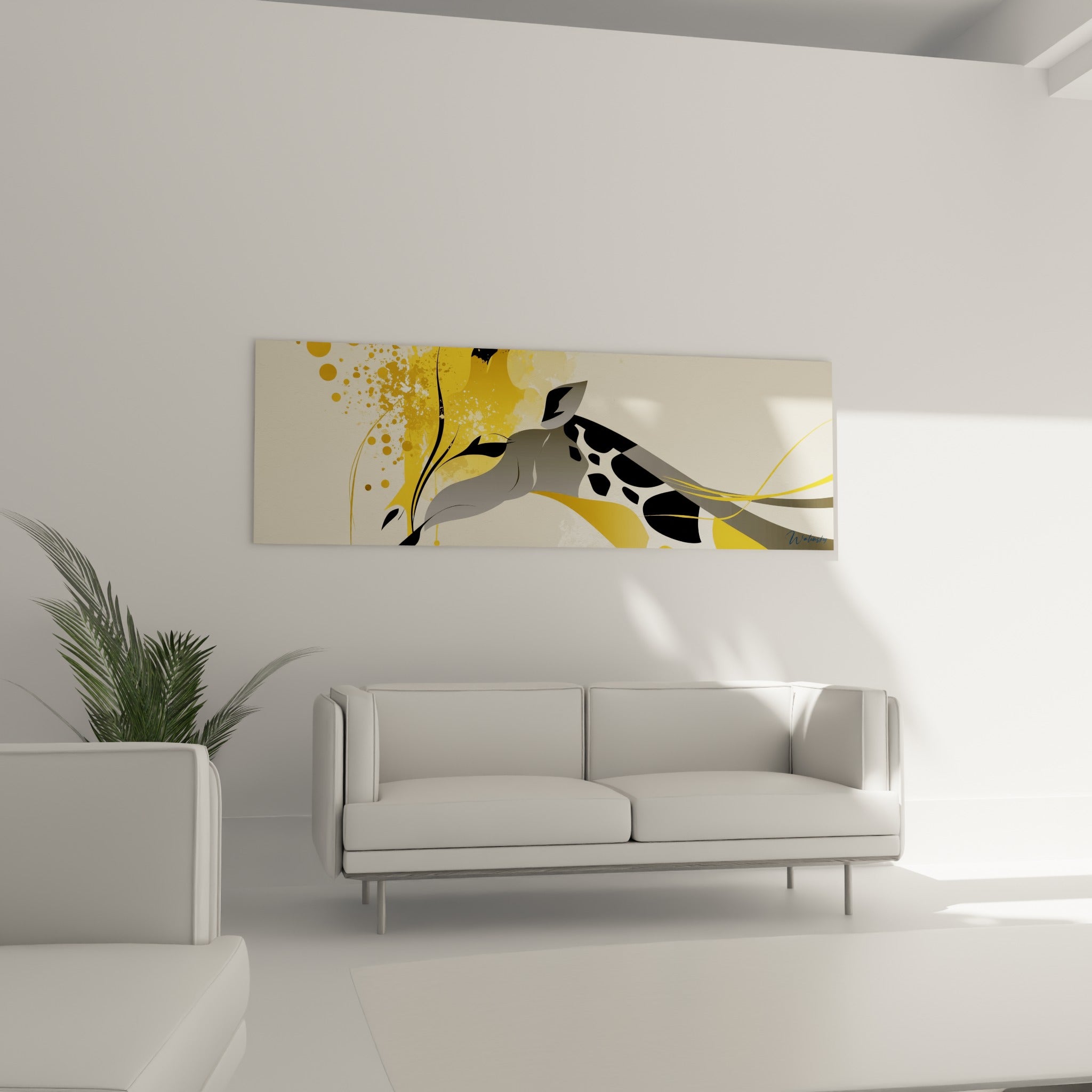 Cou de girafe illustré en gris et noir avec touches dorées vives, au-dessus d'un canapé dans un salon lumineux