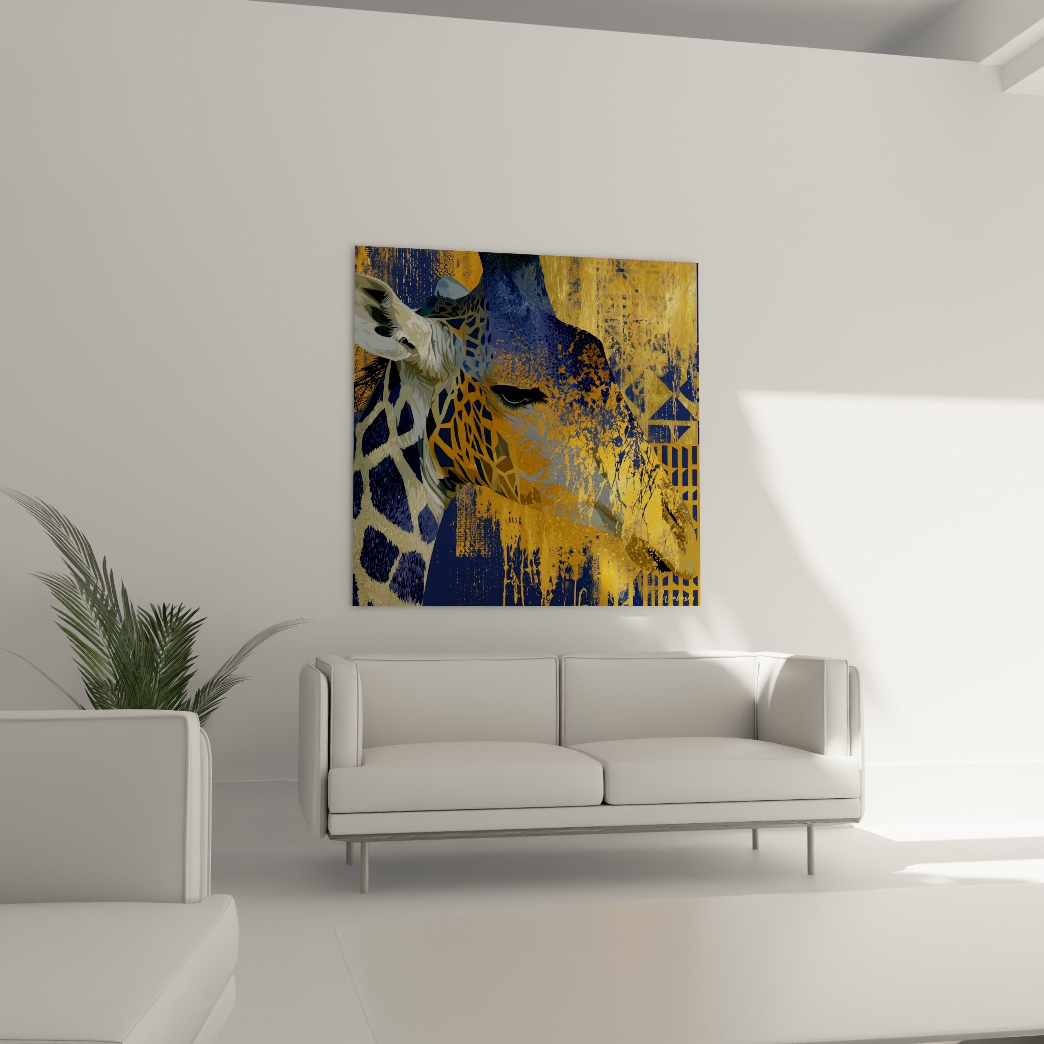 Portrait de girafe anthracite et doré, texture fracturée, au-dessus d'un canapé dans un salon lumineux