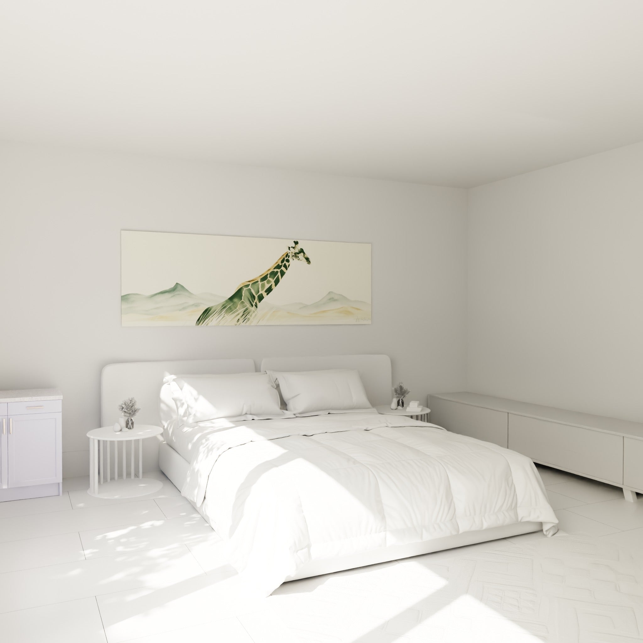 Silhouette de girafe ocre et vert d'eau accrochée au-dessus d'un lit dans une chambre claire