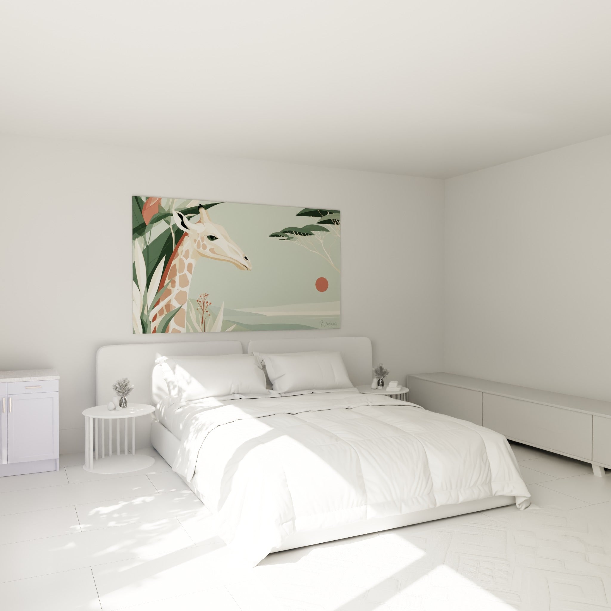 Profil de girafe aux tons beige et terracotta accroché au-dessus d'un lit dans une chambre claire
