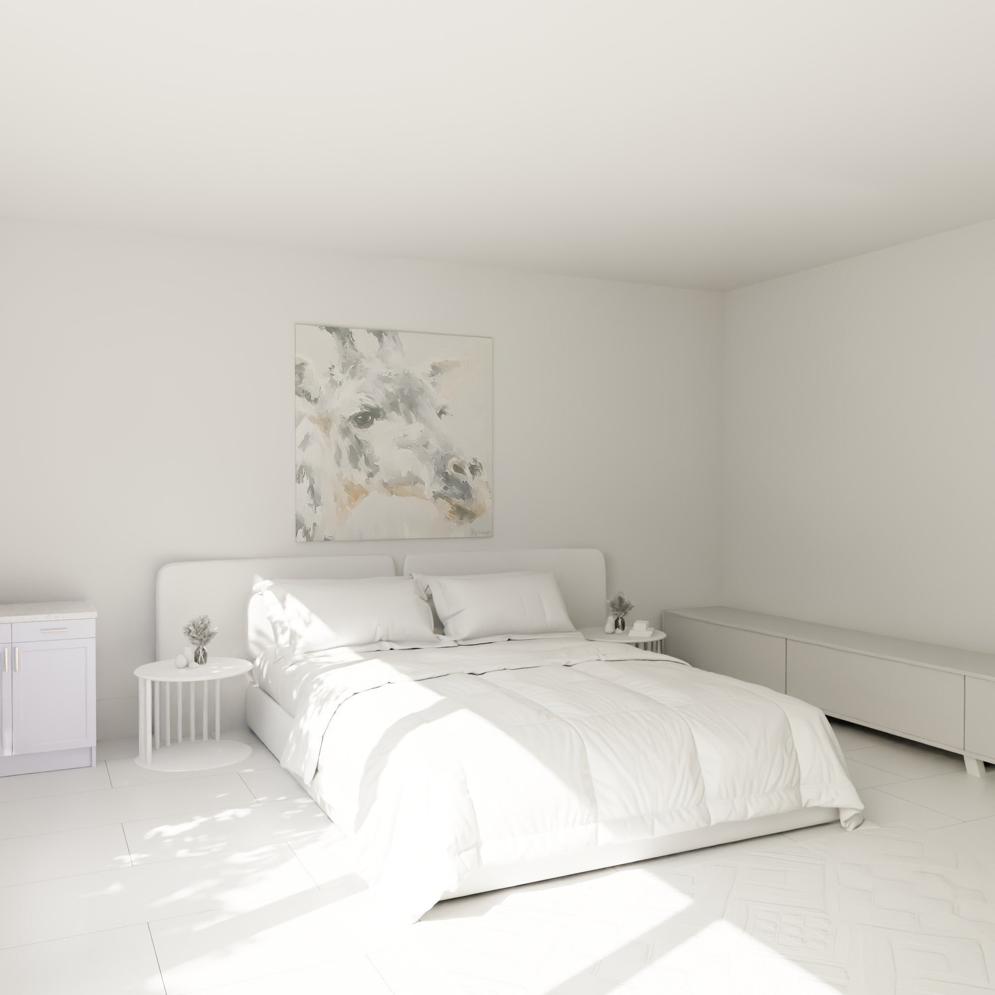 Museau de girafe gris et crème, coups de pinceau texturés, au-dessus d'un lit dans une chambre claire
