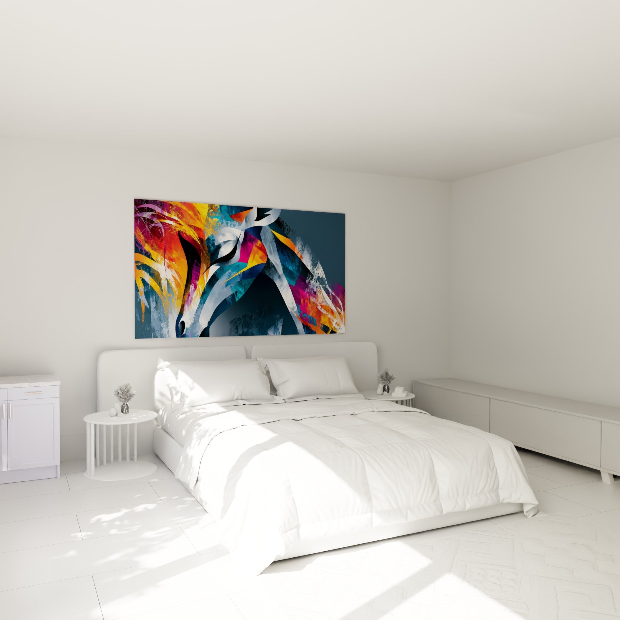 Silhouette de girafe blanche et turquoise, mouvement graphique, accrochée au-dessus d'un lit dans une chambre claire