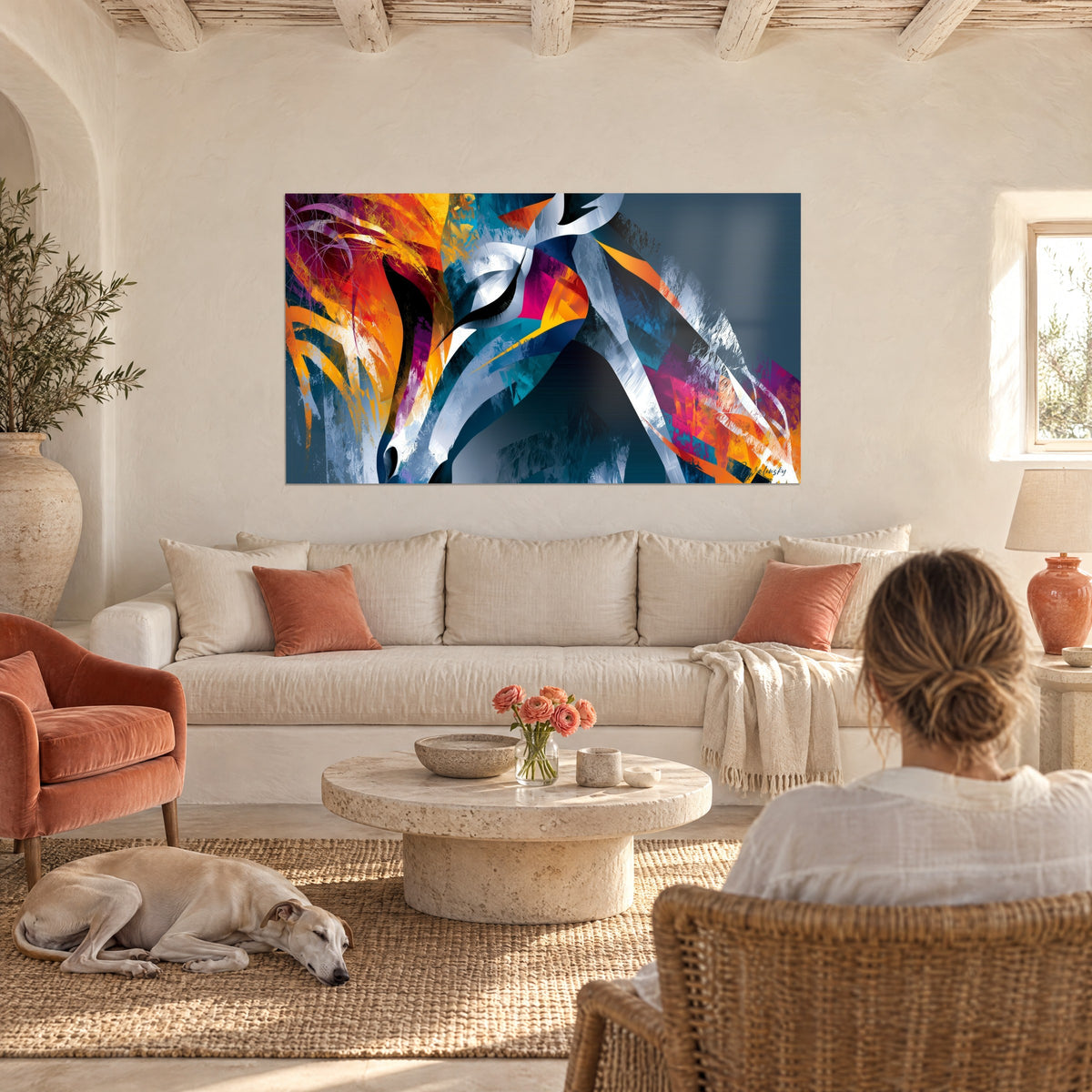 Quadro giraffa bianca con riflessi arancio e magenta, appeso sopra un divano in un soggiorno luminoso